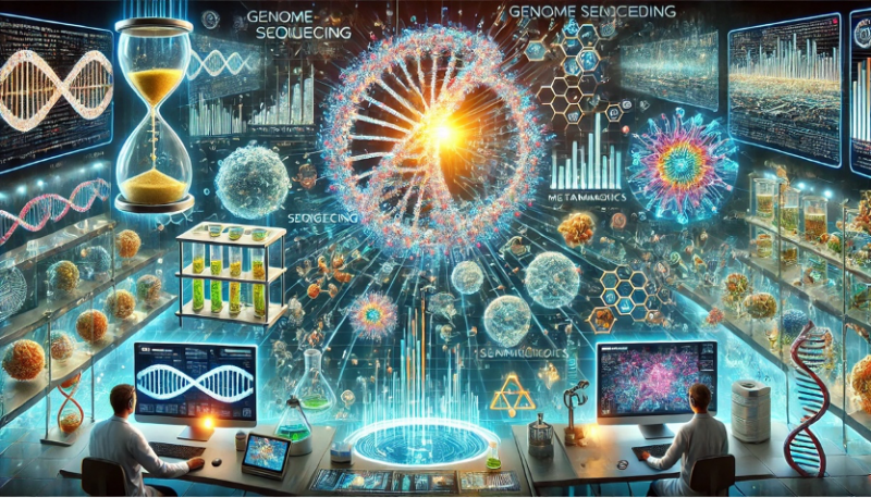 A highly detailed futuristic illustration representing advanced genome sequencing and metagenomics technologies. The image highlights key innovations and applications in biomedicine and ecology. Key elements include:1. **Genome Sequencing Advances**:   - A futuristic laboratory with holographic displays showing real-time genome sequencing data.   - Scientists using advanced sequencing tools such as nanopore devices and ion semiconductor chips.   - Digital DNA strands glowing in vibrant blue and gold, visualizing the process of genome sequencing.2. **Metagenomics Applications**:   - Microbial ecosystems visualized at a molecular level, showing interactions between microorganisms in environments like the human gut, soil, and deep-sea vents.   - Holographic data screens showing real-time pathogen detection in food safety monitoring.   - Abstract visuals of environmental cleanup using microorganisms to break down toxins.3. **Innovative Technologies**:   - A miniaturized ‘lab-on-a-chip’ device combining AI, microfluidics, and metagenomics for environmental monitoring.   - High-tech devices synthesizing DNA fragments, with tools like Twist Bioscience innovations visualized.4. **Quantum Biology**:   - A glowing biological molecule with quantum effects, representing interactions between physics and biology.   - Scientists exploring magnetic protein structures inspired by bird navigation.5. **Human Genome Diversity**:   - Diverse teams of researchers analyzing genome data, symbolizing global efforts to map human diversity.   - Digital displays of complete human genome maps with regions of telomeres and hidden areas visualized.The background features a futuristic high-tech bioinformatics lab, glowing DNA visuals, and holographic displays integrated seamlessly into the environment. The scene should exude scientific innovation, molecular precision, and progress in genome-based technologies. Include a dynamic, clean, and technologically vibrant atmosphere.