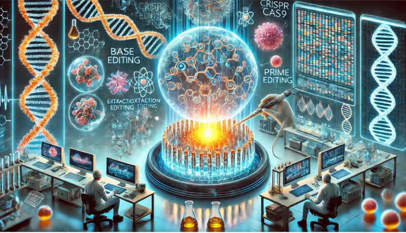 A highly detailed and futuristic illustration representing the CRISPR-Cas9 technology revolution in treating genetic diseases, particularly highlighting the approved Casgevy therapy. The key elements include:1. **CRISPR-Cas9 in Action**:   - A glowing double-helix DNA strand with the CRISPR-Cas9 complex actively editing specific gene segments.   - Holographic screens displaying gene sequences and molecular structures being targeted by CRISPR tools.   - Medical scientists in futuristic labs observing the CRISPR process with high-tech equipment.2. **Casgevy Treatment Process**:   - A patient undergoing gene therapy, surrounded by glowing holographic visuals showing the steps of the therapy: extraction, editing, reinfusion, and monitoring.   - Robotic arms working with modified stem cells in bioreactors under sterile, futuristic lab conditions.3. **Technological Advances**:   - Visuals of precise base editing and prime editing technologies in action, modifying individual DNA letters.   - Abstract visuals representing in vivo gene editing happening inside cells in a glowing biological environment.   - A futuristic chart displaying the clinical results of Casgevy therapy, showing improvements in patients with sickle cell disease and β-thalassemia.4. **Ethical and Global Challenges**:   - A scene representing the ethical debates surrounding gene editing, with policymakers and ethicists in discussion.   - A globe with highlighted regions reflecting unequal access to CRISPR therapies in developing countries.The background features a sleek and futuristic biotechnology lab, filled with neon lights and holographic displays. The overall atmosphere should exude innovation, precision, and hope for medical advancements through CRISPR technology.