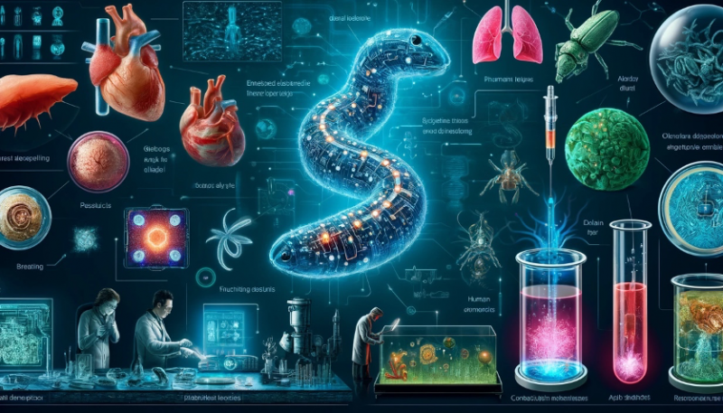 A futuristic, highly detailed illustration representing bioprinting and bioelectronics integrated into living organisms. Key elements include:1. **Bioprinting Electronics in Living Organisms**:   - A glowing nematode worm with embedded electronic circuits printed inside its body, shaped like stars and squares.   - Scientists using photonic 3D printers and advanced tools to bioprint conductive electronics in organisms.2. **Bioprinting Organs and Tissue Engineering**:   - A futuristic bioreactor with glowing, functional human hearts growing inside.   - Scientists monitoring thick vascularized tissues being 3D-printed with living human cells in high-tech labs.3. **Organoids in Medicine**:   - Miniature brain, lung, and liver organoids glowing under microscopic examination in laboratory dishes.   - Visuals of human brain organoids being integrated into damaged rat brains with scientists observing neural connections.4. **Advanced 3D Printing Technologies**:   - Futuristic robotic arms and holographic tools creating synthetic tissues and organs in real-time.   - Abstract visuals of bioprinted pills, showing advanced 3D tablets optimizing drug delivery.5. **Synthetic Biology Progress**:   - Scientists engineering synthetic bacteria capable of movement and specific functions in biotechnological applications.   - Miniature glowing synthetic organisms moving through abstract biological environments.The background features a clean, futuristic biomedical lab filled with glowing 3D printers, holographic data screens, and advanced biotechnological tools. The overall atmosphere is vibrant, scientific, and futuristic, showcasing the intersection of bioprinting, bioelectronics, and synthetic biology.