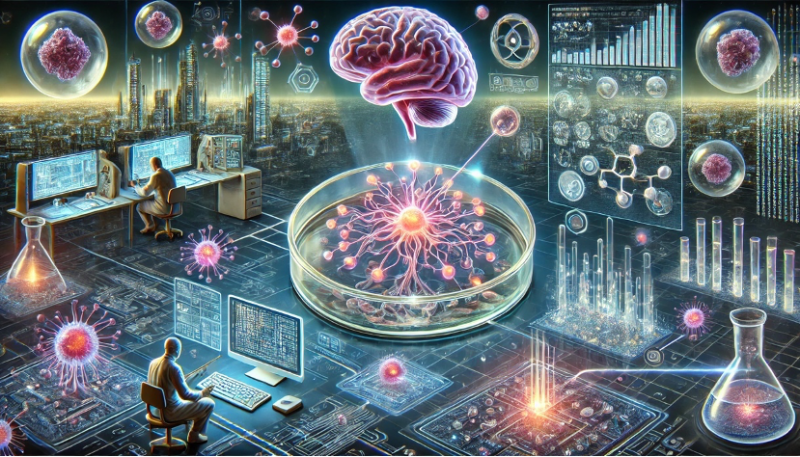 A highly detailed futuristic illustration representing organoid intelligence and living biocomputers. The image includes the following key elements:1. **Organoid Intelligence**:   - A glowing petri dish with a miniature brain organoid connected to a digital network, symbolizing the fusion of biology and computing.   - Scientists in a high-tech laboratory observing and programming biological circuits using holographic interfaces.   - Abstract visuals of neural connections growing and forming synaptic pathways like a digital brain.2. **Biocomputer Systems**:   - A DishBrain biocomputer consisting of living brain cells, glowing as it interacts with a holographic video game interface (e.g., Pong).   - A futuristic interface visualizing a biocomputer learning and processing data in real-time.   - A network of interconnected organic biocircuits emitting soft light, symbolizing parallel data processing.3. **Bacterial Computers and DNA Systems**:   - Genetically modified bacteria (e.g., E. coli) glowing and reacting to chemical stimuli.   - Visuals of DNA computers executing computations with DNA strands forming complex logical circuits.   - Scientists using AI tools to design DNA-based logic gates and biological schematics.4. **Ethical and Technological Challenges**:   - Researchers discussing the ethical implications of using living brain cells for computation.   - A futuristic digital globe symbolizing global collaboration and challenges in scaling organoid intelligence.The background should feature a clean, advanced laboratory filled with glowing bioreactors, futuristic computer systems, and holographic data displays. The atmosphere is vibrant, futuristic, and emphasizes the potential and challenges of organoid intelligence and biological computing.