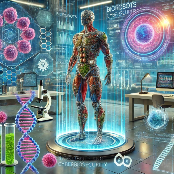 An illustration representing the theme of 'Biorobots and Cyberbiosecurity,' featuring a futuristic blend of biological elements and advanced robotics. The scene showcases a biorobot constructed of synthetic and biological components, like muscle tissues and circuits, standing in a high-tech laboratory. The background includes holographic displays of genetic information, sensors monitoring environmental data, and a shield symbolizing cybersecurity. The setting is vibrant and futuristic, with a focus on medical and environmental applications, emphasizing both innovation and the risks associated with technology misuse.