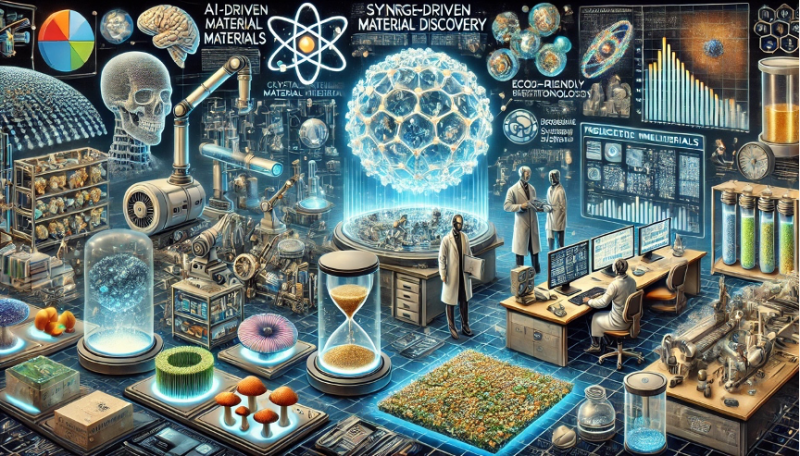 A highly detailed futuristic illustration representing the synergy of artificial intelligence and biotechnology in creating revolutionary new materials. The key concepts reflected in the image include:1. **AI-Driven Material Discovery**:   - A high-tech lab with glowing holographic displays showing crystal structures and molecular blueprints of new materials.   - Scientists interacting with AI-driven systems (like DeepMind’s GNoME) visualizing millions of predicted stable materials for solar cells, batteries, and semiconductors.   - Robotic systems autonomously synthesizing these materials at a rapid pace.2. **Biotechnological Innovations in Materials**:   - Bioreactors growing sustainable materials, such as mushroom-based mycelium sheets for eco-friendly textiles and packaging.   - Close-up visuals of mushroom fibers being processed into durable, fire-resistant materials.   - Eco-friendly packaging made of biodegradable materials glowing under a futuristic lab environment.3. **Applications in Fashion and Industry**:   - Luxury fashion items like handbags and shoes displayed, made from sustainable mushroom leather.   - Futuristic eco-friendly packaging designs, including smart packaging with sensors that change color to indicate food freshness.   - Robotics and 3D printing systems creating these materials with precision.4. **Eco-Friendly Future**:   - A clean and sustainable futuristic factory powered by renewable energy, emitting green lights.   - Visuals of advanced bio-packaging and mushroom-based materials replacing traditional plastics.The background features a vibrant and futuristic atmosphere, with high-tech labs, glowing bioreactors, and scientists collaborating with AI systems. The scene should exude innovation, sustainability, and technological progress, showcasing the transformation of materials industries through AI and biotechnology.