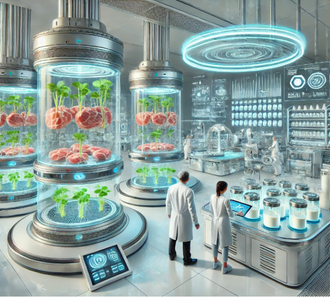 A futuristic and highly detailed illustration showcasing the concept of cultivated meat and synthetic dairy products revolutionizing the food industry. The scene includes a clean, high-tech laboratory with futuristic equipment, where cultured meat is being grown in bioreactors. Scientists in modern lab coats observe the production of meat-like structures inside transparent tanks with glowing nutrient solutions. In another part of the lab, synthetic dairy products like milk and cheese are being processed with advanced fermentation machines and holographic data displays showing production metrics. The setting emphasizes sustainability, clean technology, and innovation, with a hint of greenery to represent eco-friendly practices. The color palette includes clean whites, metallic silvers, and glowing soft blues to create a futuristic and innovative atmosphere.