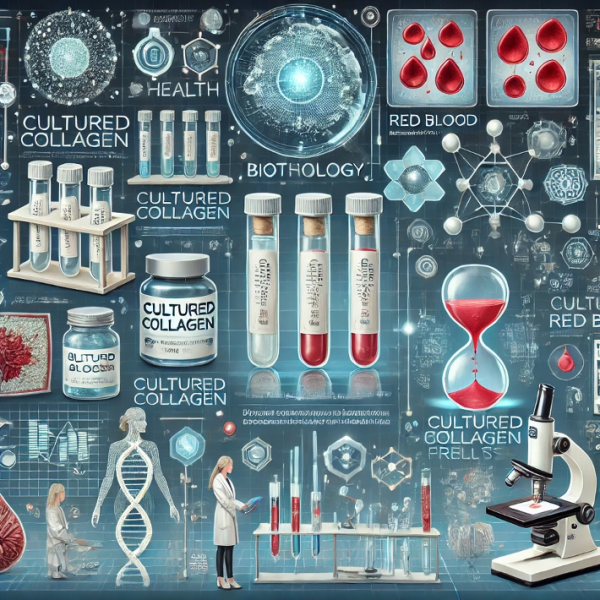 An illustration showcasing biotechnology breakthroughs in health, focusing on cultured collagen and blood production. The image should include futuristic laboratory environments with scientists working on bioreactors and microscopes. Display vials labeled 'Cultured Collagen' with a subtle beauty and skincare theme (e.g., creams, skin diagrams). In the background, advanced technology like DNA strands and holographic projections should represent biotechnology. Additionally, show cultured red blood cells in a medical setting, such as blood bags or petri dishes, symbolizing transfusion advancements. Include subtle sustainable and ethical design cues, such as eco-friendly symbols and clean, high-tech aesthetics.
