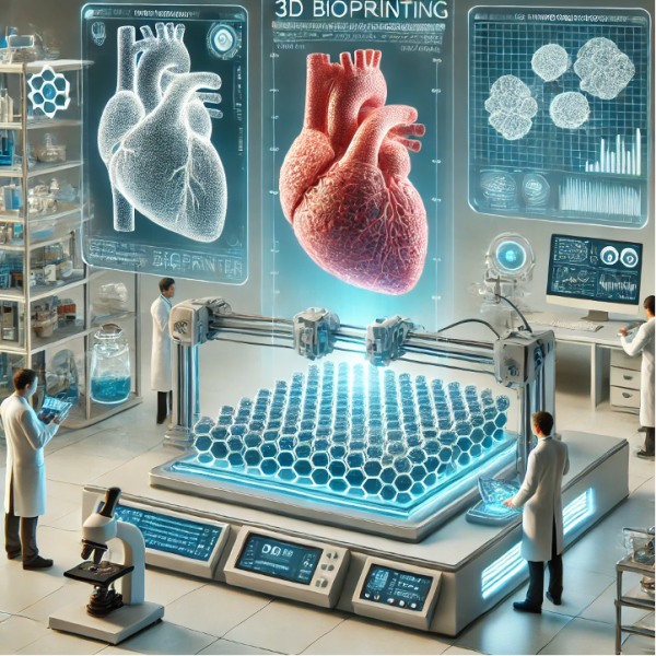 An illustration depicting the concept of 3D bioprinting for creating functional tissues and organs. The image shows a futuristic laboratory where a high-tech 3D bioprinter is printing a human organ, such as a heart or liver, with precise layers of biological material. The bioprinter uses advanced bio-inks containing living cells, which are layered to form intricate tissue structures. In the background, scientists and researchers are monitoring the printing process on holographic screens, showcasing organ blueprints and data. The atmosphere is clean, modern, and highly technical, emphasizing the innovation and potential of bioprinting technology for regenerative medicine and organ transplantation.