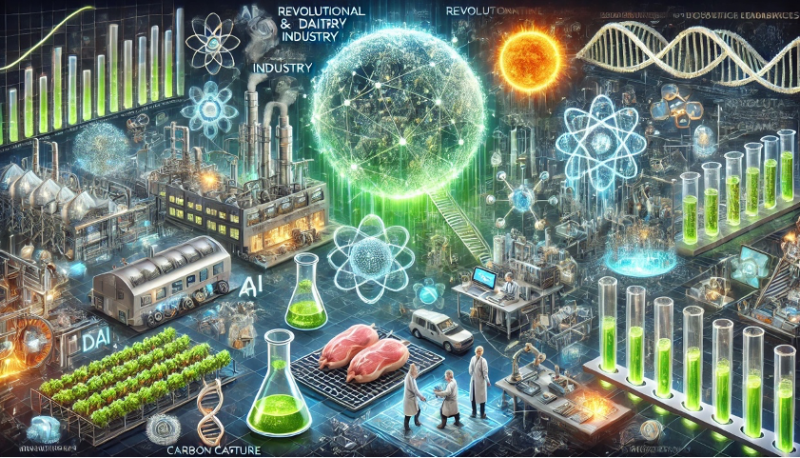 A futuristic and highly detailed illustration reflecting the integration of Artificial Intelligence (AI) and bioengineering as a powerful catalyst for innovation. Key elements include:1. **Revolutionary Industrial Changes**:   - A futuristic meat and dairy industry lab with AI-driven systems producing sustainable food alternatives.   - A large bioreactor glowing with green light representing bioengineering for carbon capture and plastic recycling.   - A textile factory with AI optimizing bio-based materials and sustainable production lines.2. **Healthcare Breakthroughs**:   - AI-powered CRISPR tools visualized as glowing holographic interfaces editing DNA strands.   - A futuristic hospital room where AI predicts patient outcomes and controls robotic medical devices.   - Scientists working with CRISPR technology in a high-tech lab surrounded by DNA holograms.3. **Economic Potential and Risks**:   - A glowing graph showcasing the rapid growth of the CRISPR technology market and its economic contributions.   - A digital globe with highlighted regions indicating the global adoption of bioengineering.   - Abstract visuals representing societal concerns such as healthcare inequality and ethical debates about life extension.4. **Strategic Leadership and Innovation**:   - Business leaders and policymakers collaborating in a sleek boardroom filled with holographic data displays on bioengineering trends.   - Visuals of interconnected global supply chains transformed by bio-based sustainable materials.The background features a clean, high-tech cityscape with bioluminescent buildings symbolizing innovation and progress. Subtle elements include glowing DNA strands, neural networks, and AI circuits integrated into the environment. The atmosphere is vibrant, futuristic, and focused on sustainability and progress.
