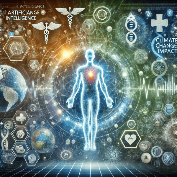 An abstract and futuristic illustration depicting the transformative challenges and innovations in modern healthcare. The image showcases interconnected elements symbolizing artificial intelligence, telemedicine, climate change impact, and digital biomarkers. Central to the composition is a glowing human figure intertwined with a digital network, representing the fusion of technology and human health. Surrounding this figure are symbols of innovation like molecular structures, neural networks, and a globe reflecting global healthcare connectivity. The color scheme features blues, greens, and metallic tones to convey a sense of modernity and hope.