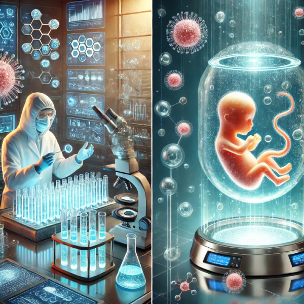 A futuristic and highly detailed illustration showcasing advancements in reproductive biotechnology. On one side, a scientist in a high-tech laboratory works with holographic interfaces to create artificial gametes (egg and sperm cells) from stem cells. On the other side, a synthetic womb supports a developing fetus inside a transparent container filled with a nurturing liquid. The scene includes glowing molecular structures, advanced medical equipment, and a serene atmosphere representing cutting-edge medicine. Ethereal lighting highlights the innovative nature of the technology, with the lab blending soft natural and artificial light.