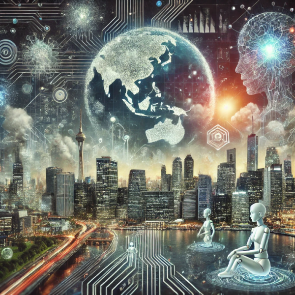 An artistic digital illustration representing the omnipresence of AI and global challenges. The scene includes a futuristic city skyline with interconnected AI-driven systems, robotic figures interacting with humans, digital clouds representing data, and glowing neural networks sprawling like roots across the world. A soft overlay shows climate issues, geopolitics, and technological advancements, symbolizing energy consumption and inequality. The atmosphere is modern, technological, and slightly abstract, with a mix of dark and glowing colors to emphasize the tension and possibilities of AI.