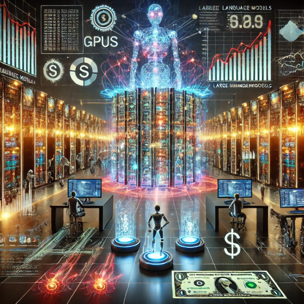A futuristic and dynamic digital illustration depicting the rising complexity and cost of large language models (LLMs). The image shows a massive AI data center filled with glowing server racks, robotic systems, and GPUs representing computational power. On the foreground, screens display graphs, dollar symbols, and metrics indicating training costs and performance scales. Engineers and researchers are working alongside advanced robotic AI assistants. The visual includes futuristic energy streams and abstract elements representing data processing and resource consumption, with a sense of grandeur and technological sophistication.