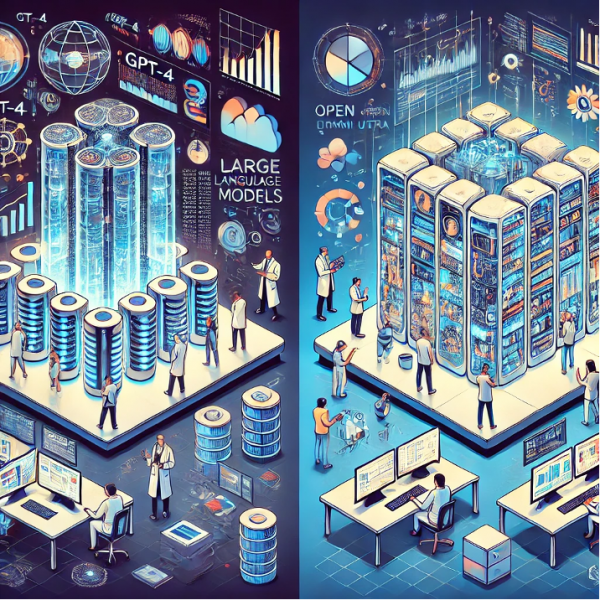 A detailed digital illustration comparing proprietary and open large language models (LLMs). On the left side, futuristic proprietary AI models like GPT-4, Gemini Ultra, and Claude 3 are depicted as sleek, glowing servers within high-tech corporate labs. Scientists and engineers interact with holographic interfaces showcasing graphs and performance metrics. On the right side, open models like LLaMA 3, RedPajama, and BLOOM are visualized as accessible, collaborative AI hubs with researchers coding, customizing models, and working in open-source environments. The visual includes abstract representations of data transparency, collaboration, and cost efficiency. The setting is modern, technological, and balanced.