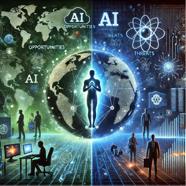 A futuristic digital illustration depicting the opportunities and threats of AI in a globalized world. The scene is divided into two contrasting sections: 1) Opportunities on the left, featuring advanced AI technology, professionals using AI tools, green energy-powered data centers, and specialized hardware like AI chips and wearable devices. 2) Threats on the right, with symbolic visuals of cybersecurity risks, geopolitical tension, and ethical dilemmas represented by dark abstract imagery and data chains. The central figure is a glowing AI system, connecting both sides, symbolizing duality. Remove any country flags. The atmosphere is dynamic, with glowing digital streams, deep blue tones, and sharp contrasts.
